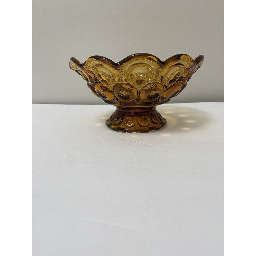 LE Smith Moon and Stars Pedestal Compote Candy Candle Dish Amber Glass Vintage